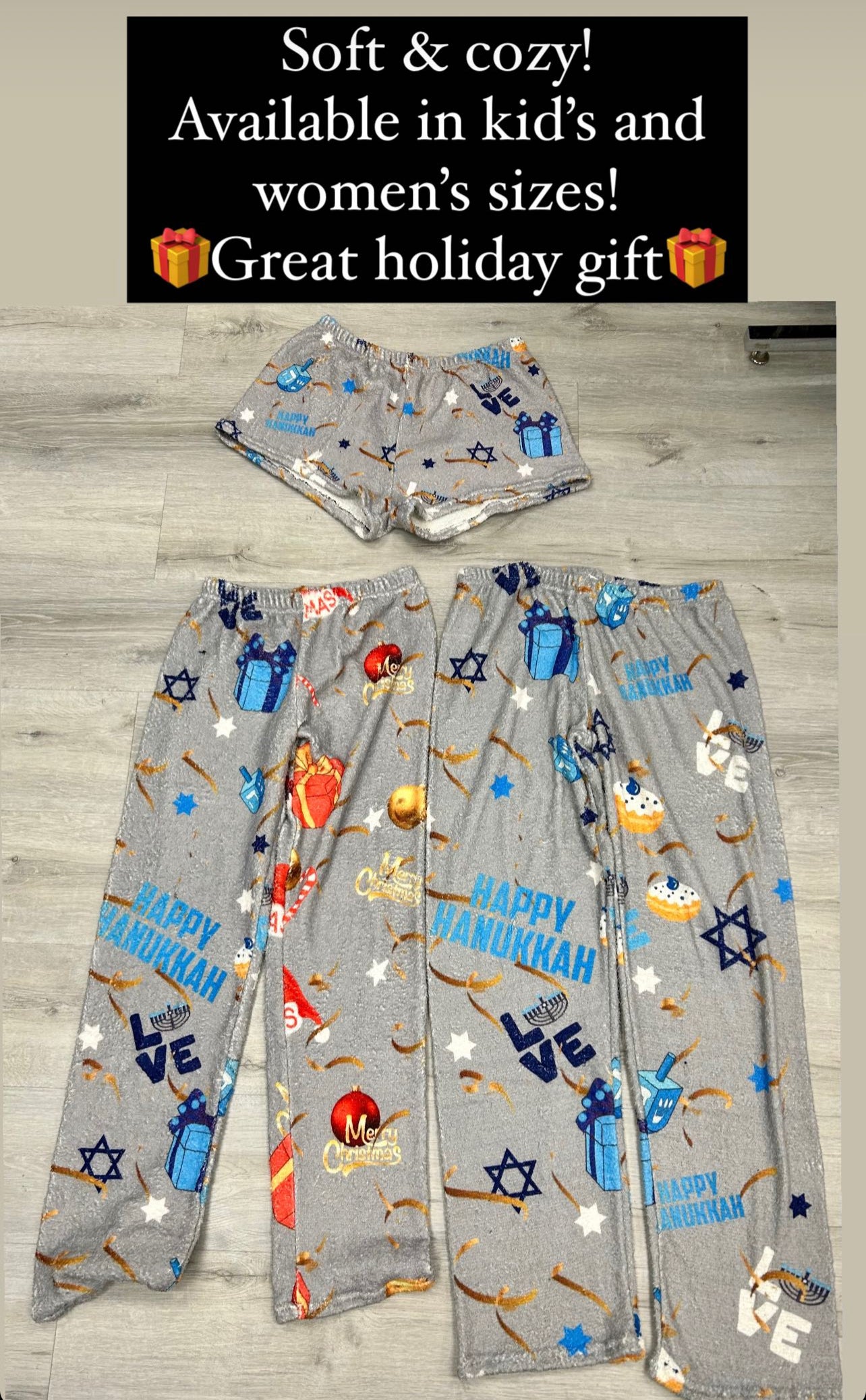 Holiday theme super soft pajama shorts and pants (available in all over Chanukah print, all over Christmas print or blended print as shown in pic)