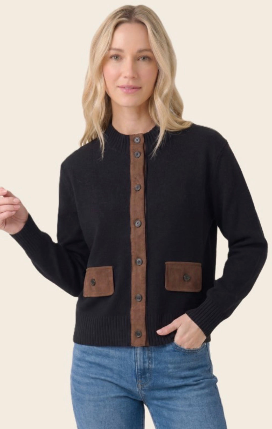 PREORDER NOW, Arriving Wednesday…Black soft knit cardigan with brown suede trim