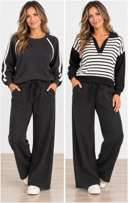 Black thermal soft knit pants with matching tops, all sold separately