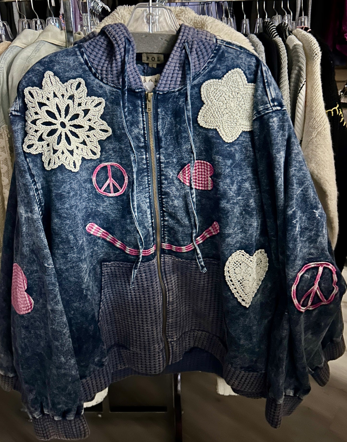 Navy acid wash zip hoodie with happy face and assorted patches