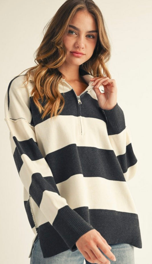 PREORDER NOW, Arriving Thursday...Charcoal stripe quarter zip relaxed fit top