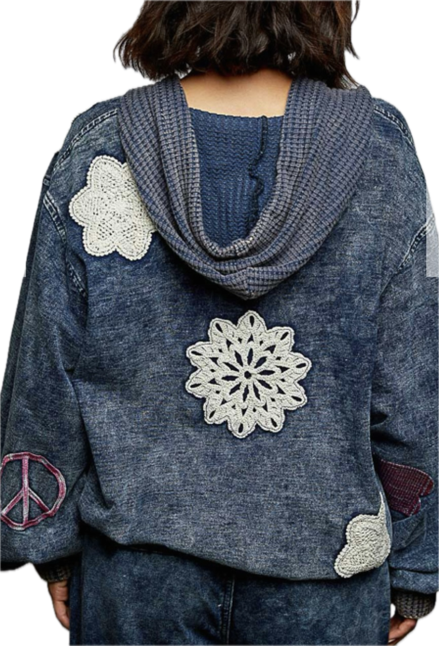 Navy acid wash zip hoodie with happy face and assorted patches