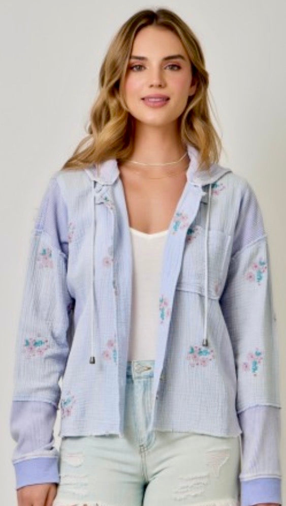 Lilac lightweight button down hoodie with embroidered flowers