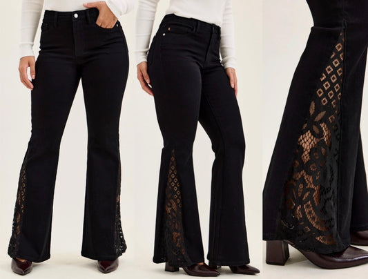PREORDER NOW, Arriving early September…Black 30” inseam stretch flares with lace sides
