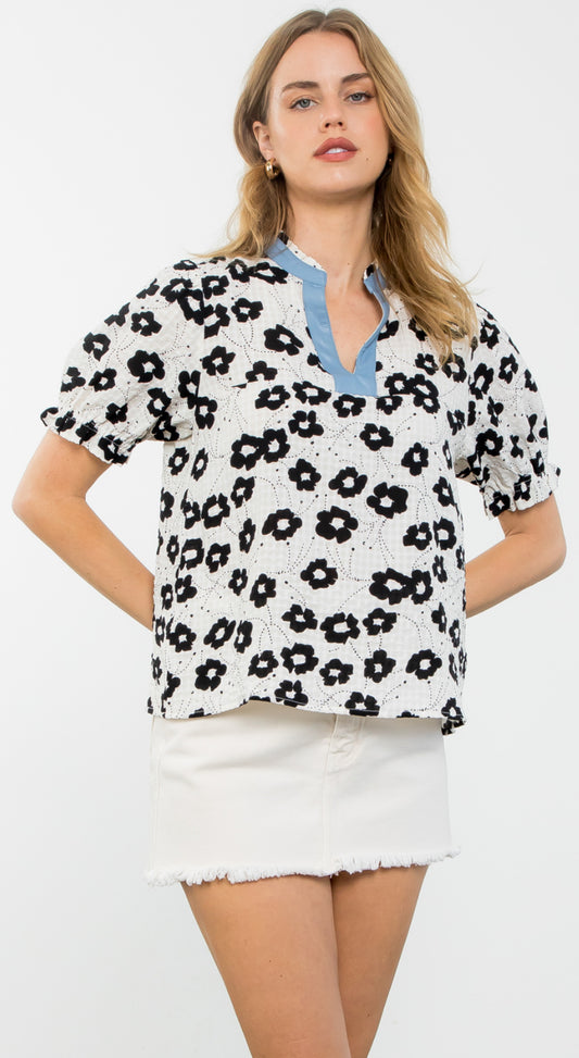 THML black/white print top with blue leather v neck trim