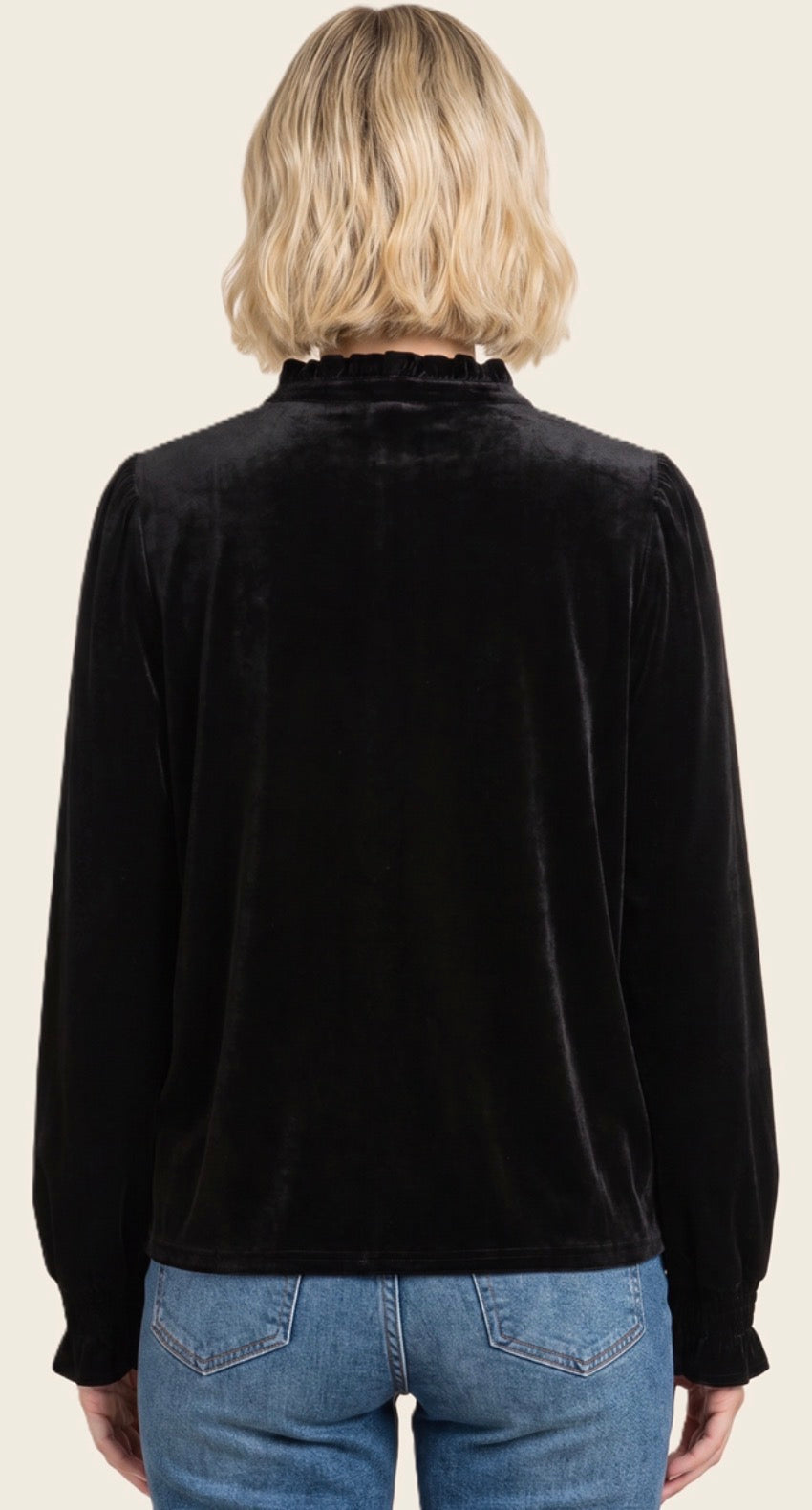 PREORDER NOW, Arriving Wednesday…Black velvet blouse with ruffle trim