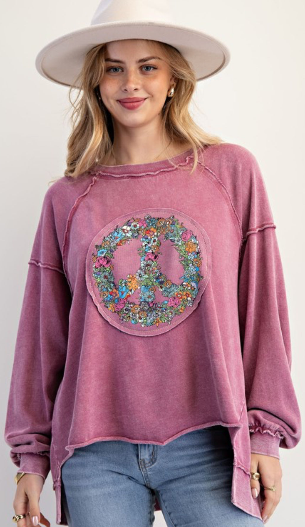 Mauve floral peace patch hi/lo knit top