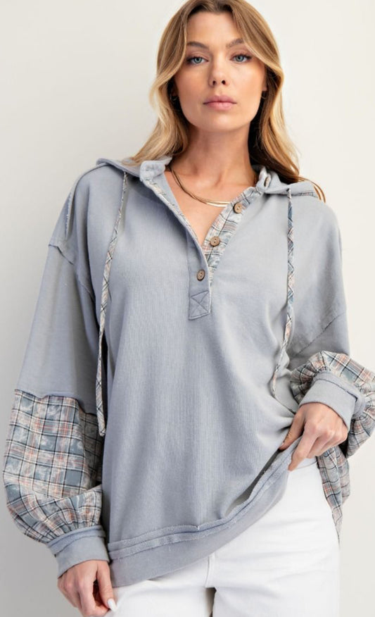 Ice blue hoodie with plaid inserts