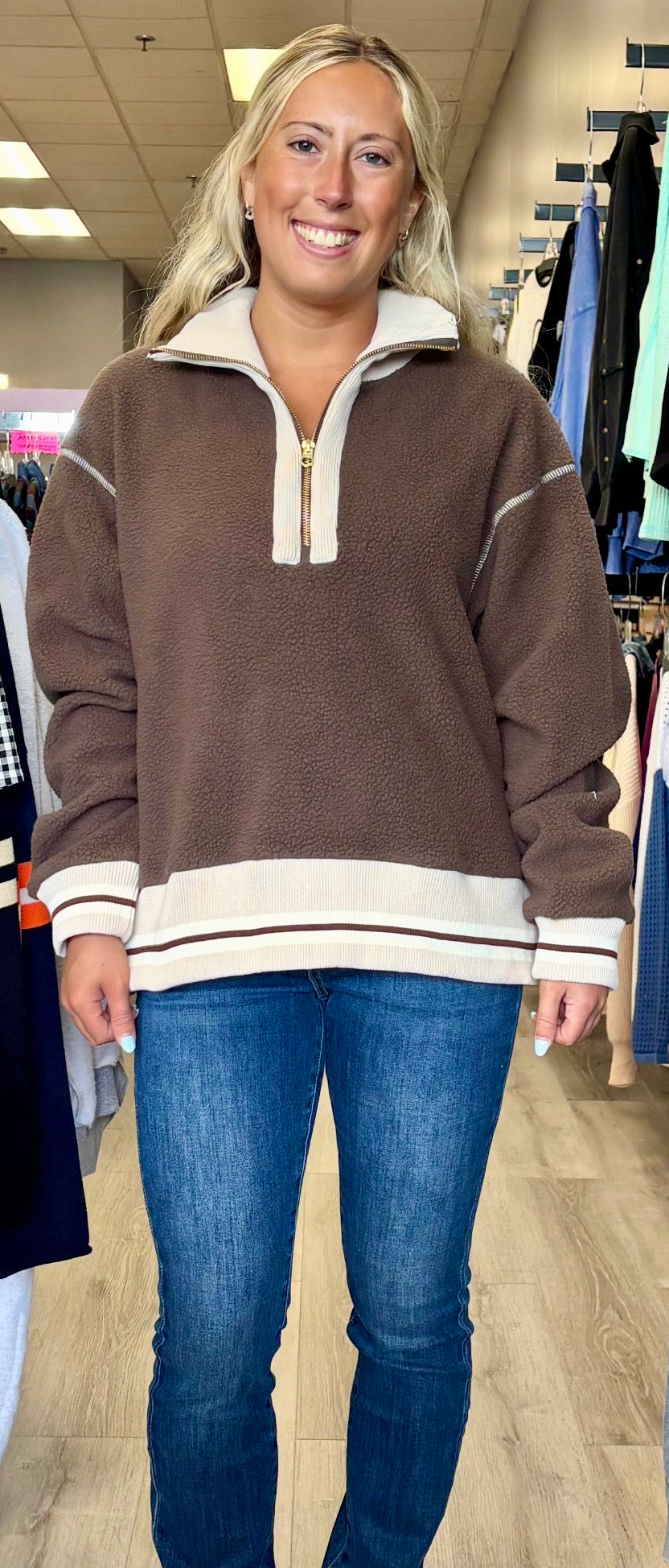 Vintage Havana chocolate brown sherpa quarter zip with stripes
