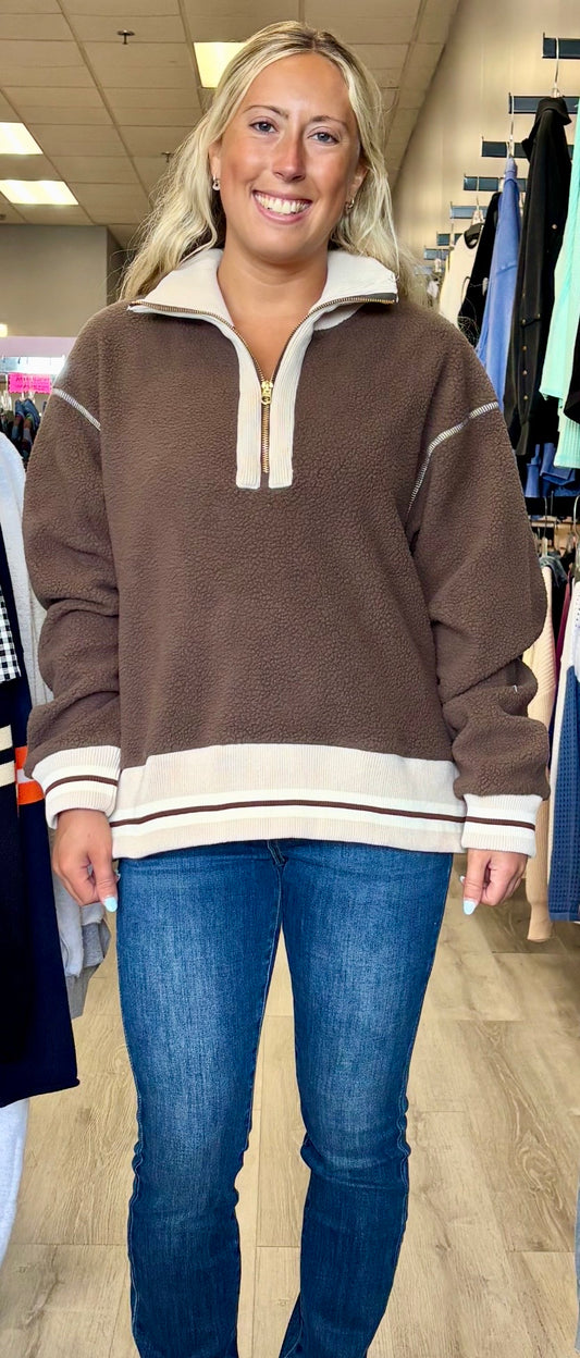 Vintage Havana chocolate brown sherpa quarter zip with stripes