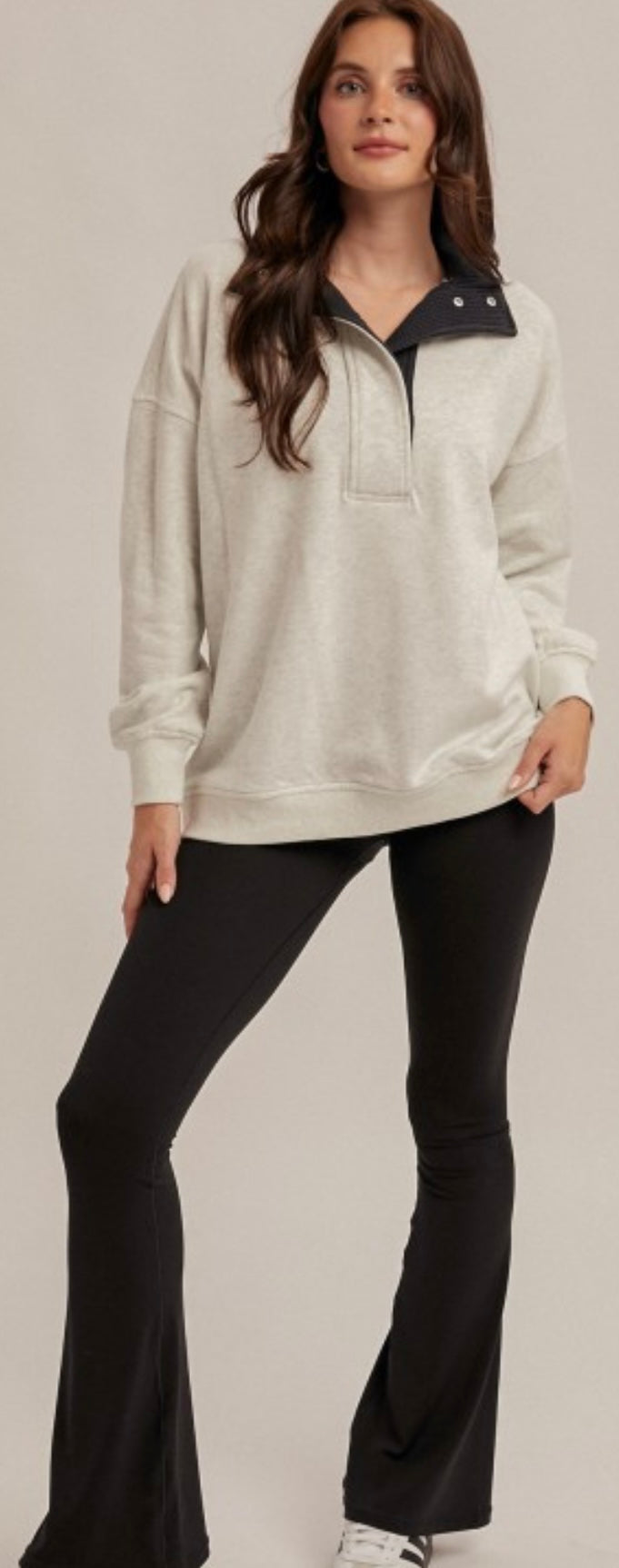 Grey soft sweatshirt with black thermal collar