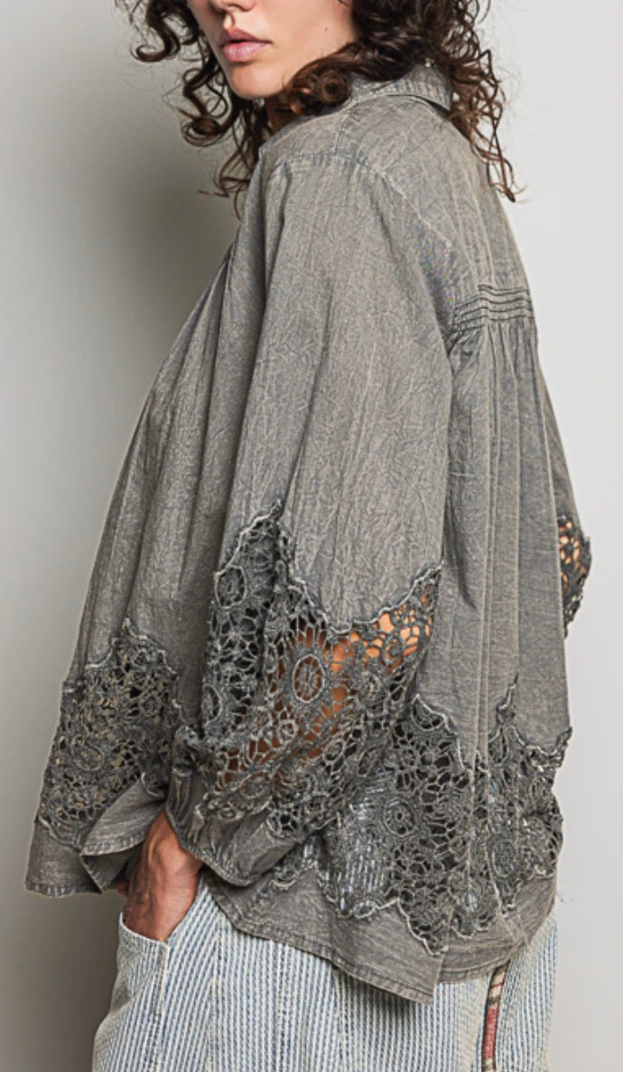 PREORDER NOW, Arriving Thursday…Grey blouse with lace inserts