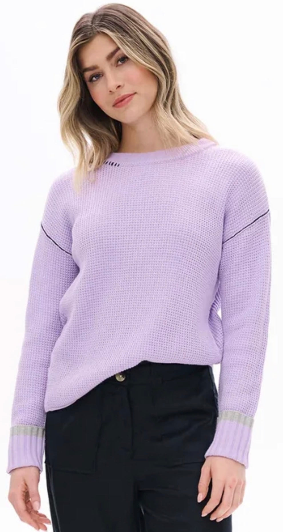 PREORDER NOW, Arriving Thursday…Lilac waffle knit top with contrast stitching