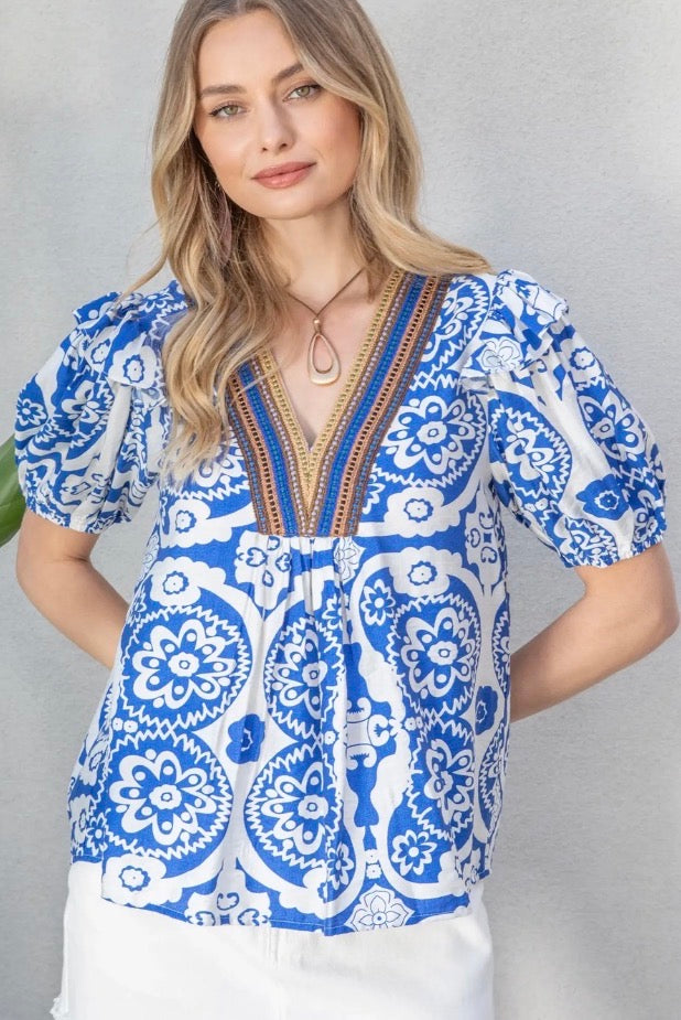 Blue floral top with stripe crochet v neck