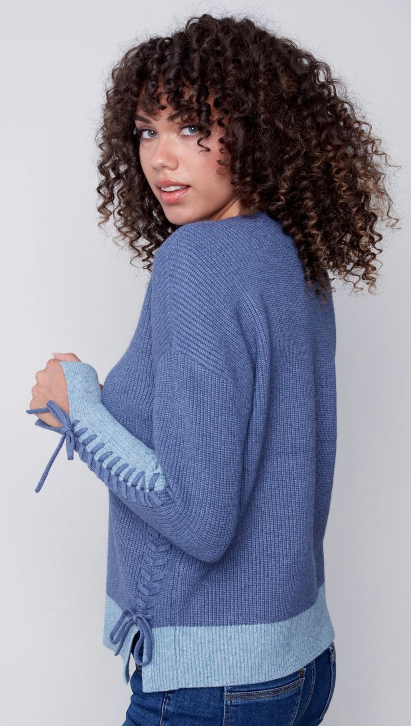 Colorblock sweater with laceup detail (2 colors) up to XXL