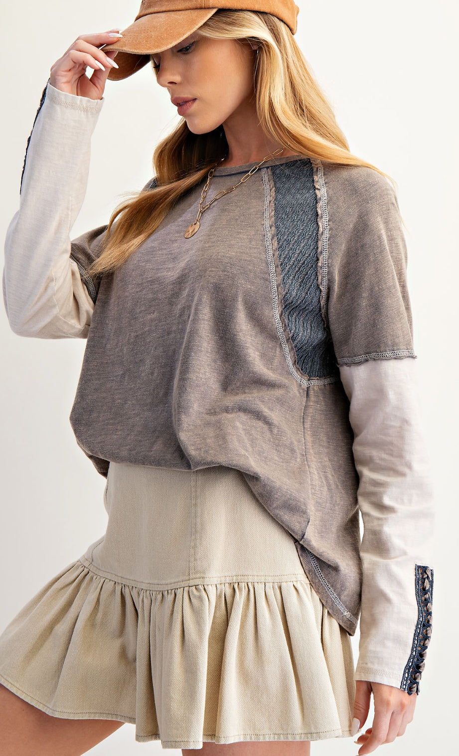 Ash/blue relaxed fit top with laceup sleeves detail