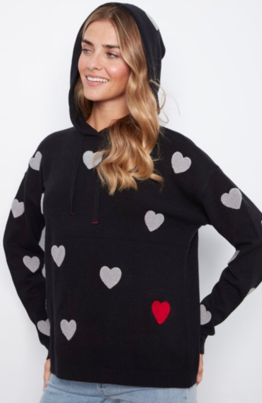 Charlie B black soft sweater knit hoodie with hearts all over, available XS through XXL