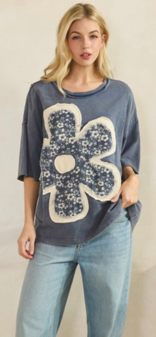 Navy loose fit top with floral daisy