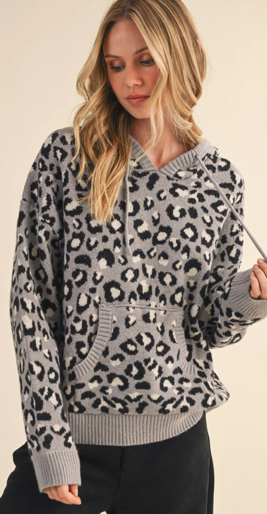 Grey leopard soft knit hoodie