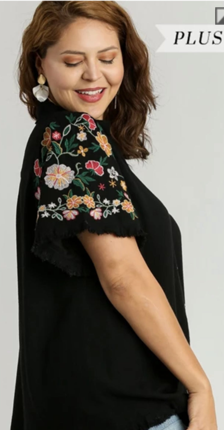 Plus size black blouse with multi floral embroidered sleeves