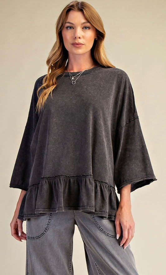 PREORDER NOW, Arriving Monday…Mineral wash black loose fit top with elbow length sleeves and flounce bottom