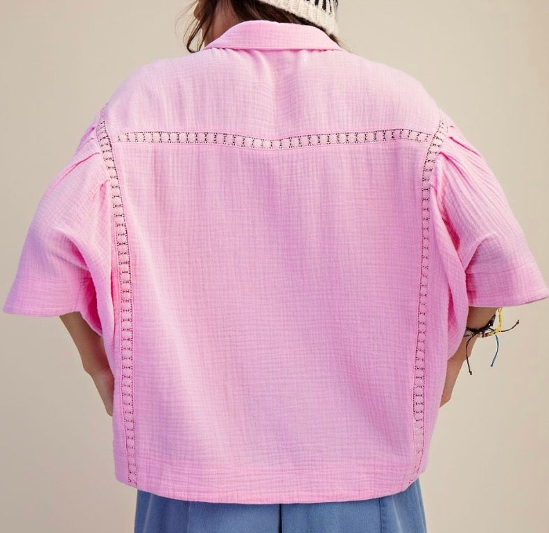 Pink loose fit blouse with eyelet detail