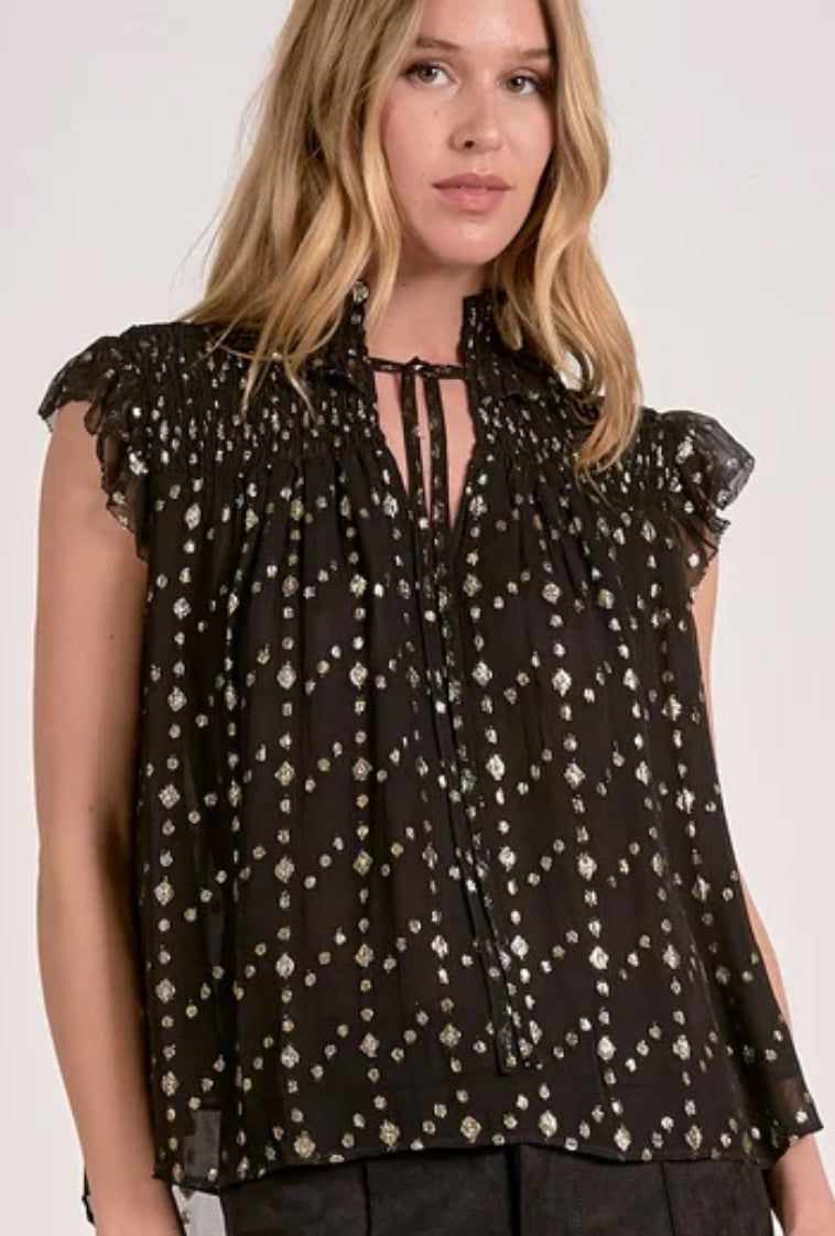 Black flutter sleeve top with metallic gold dots and optional front tie