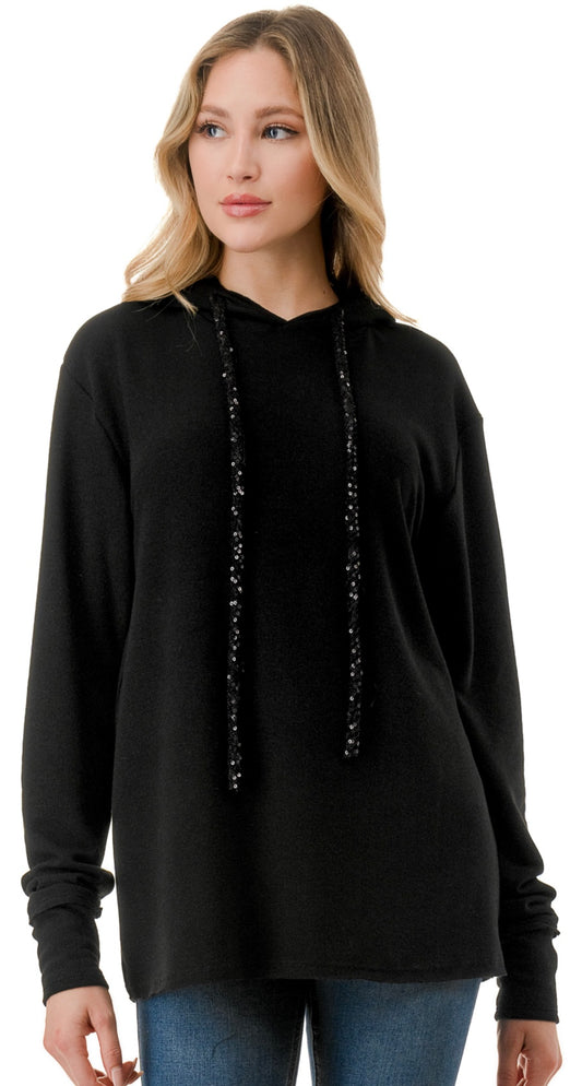 Black soft knit hoodie with sequin strings