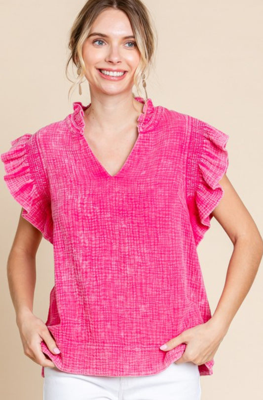 Pink mineral wash gauze tank with flounce sleeves