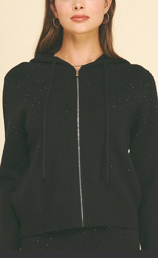 Black soft knit zip hooded sweater with black crystals