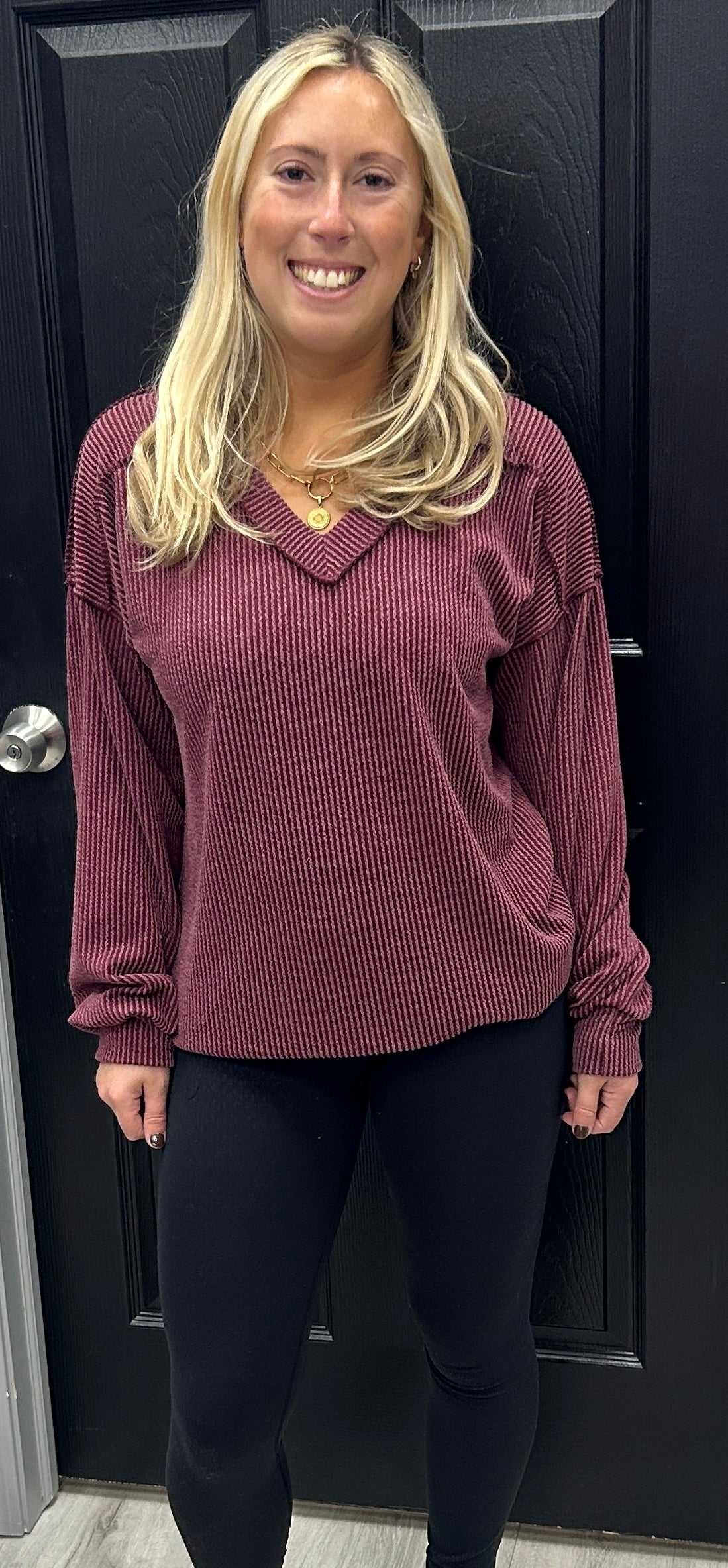 Burgundy ribbed v neck tunic