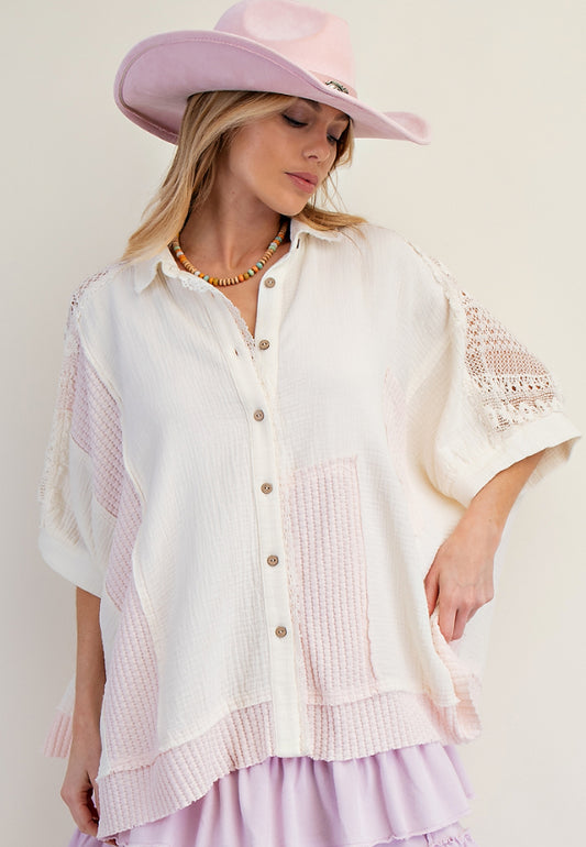 Ivory loose fit blouse with pink and lace inserts (also available in PLUS SIZE)