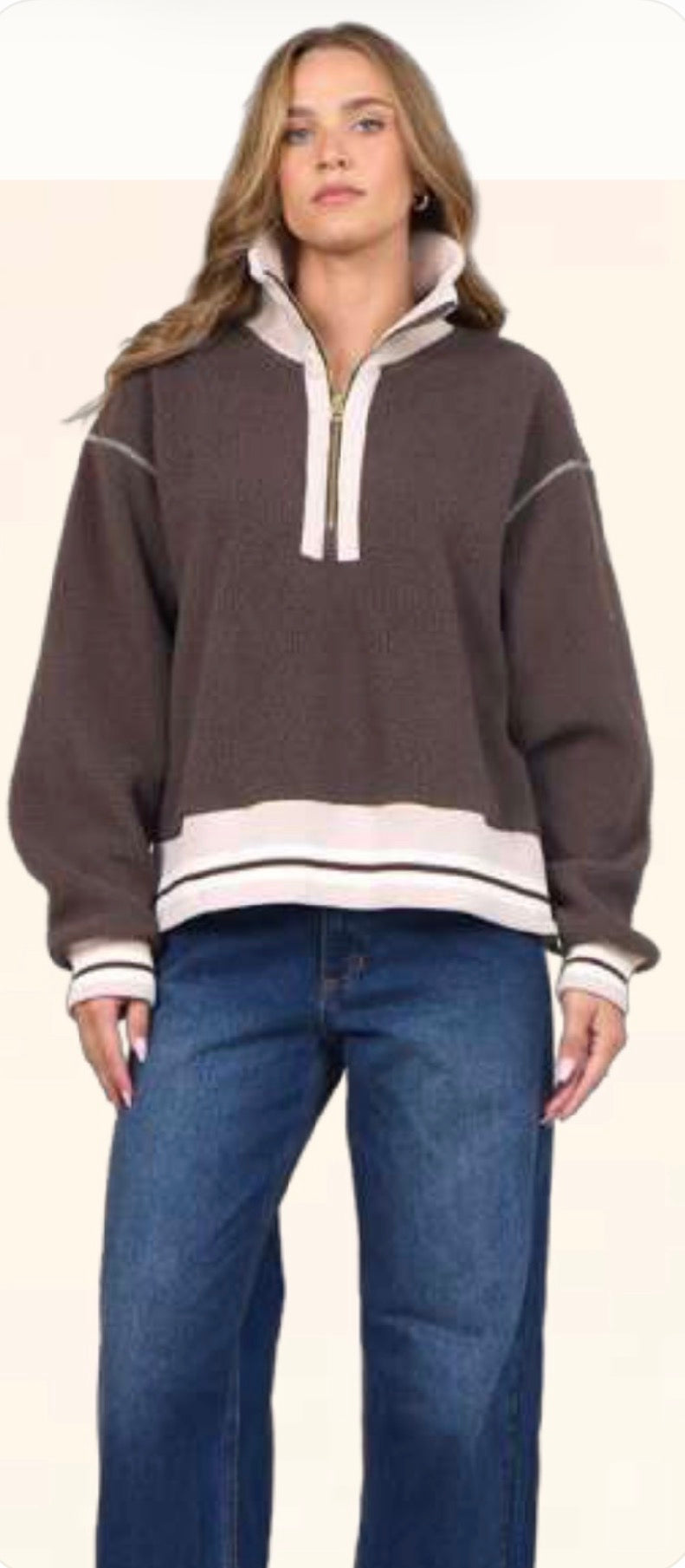 Vintage Havana chocolate brown sherpa quarter zip with stripes