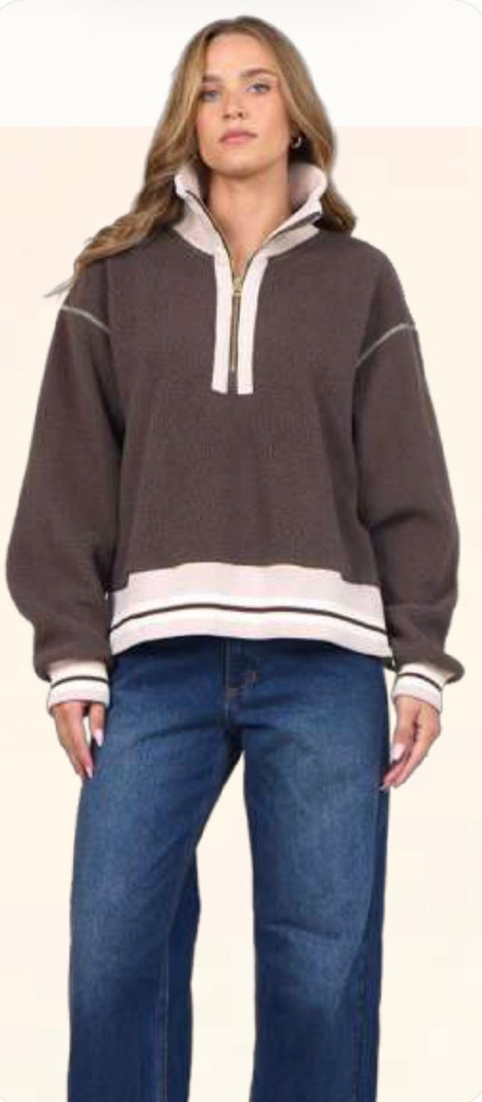 Vintage Havana chocolate brown sherpa quarter zip with stripes