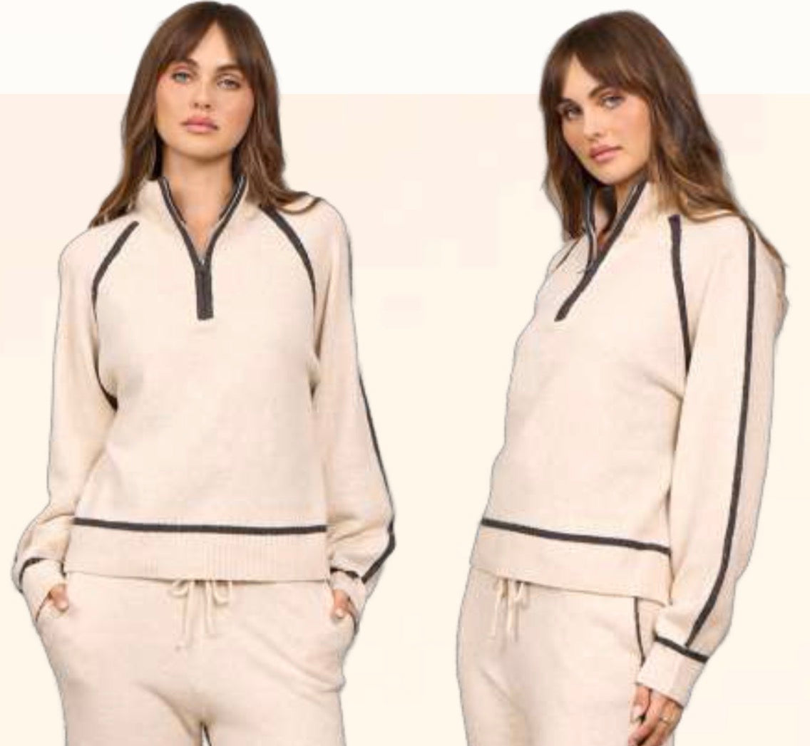 Vintage Havana cream knit quarter zip top with piping
