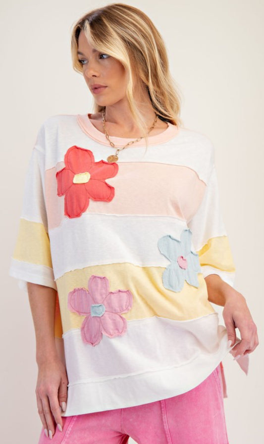 Peach/yellow stripes with daisies loose fit top