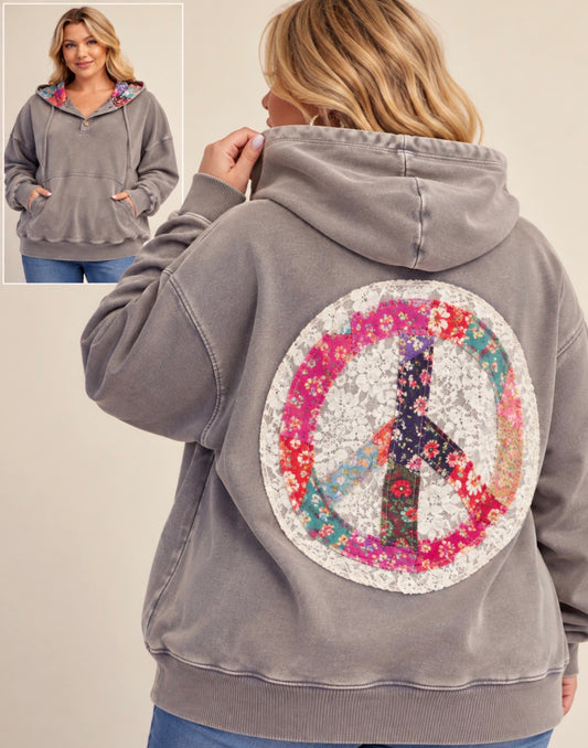Plus size grey hoodie with lace multicolored peace sign patch