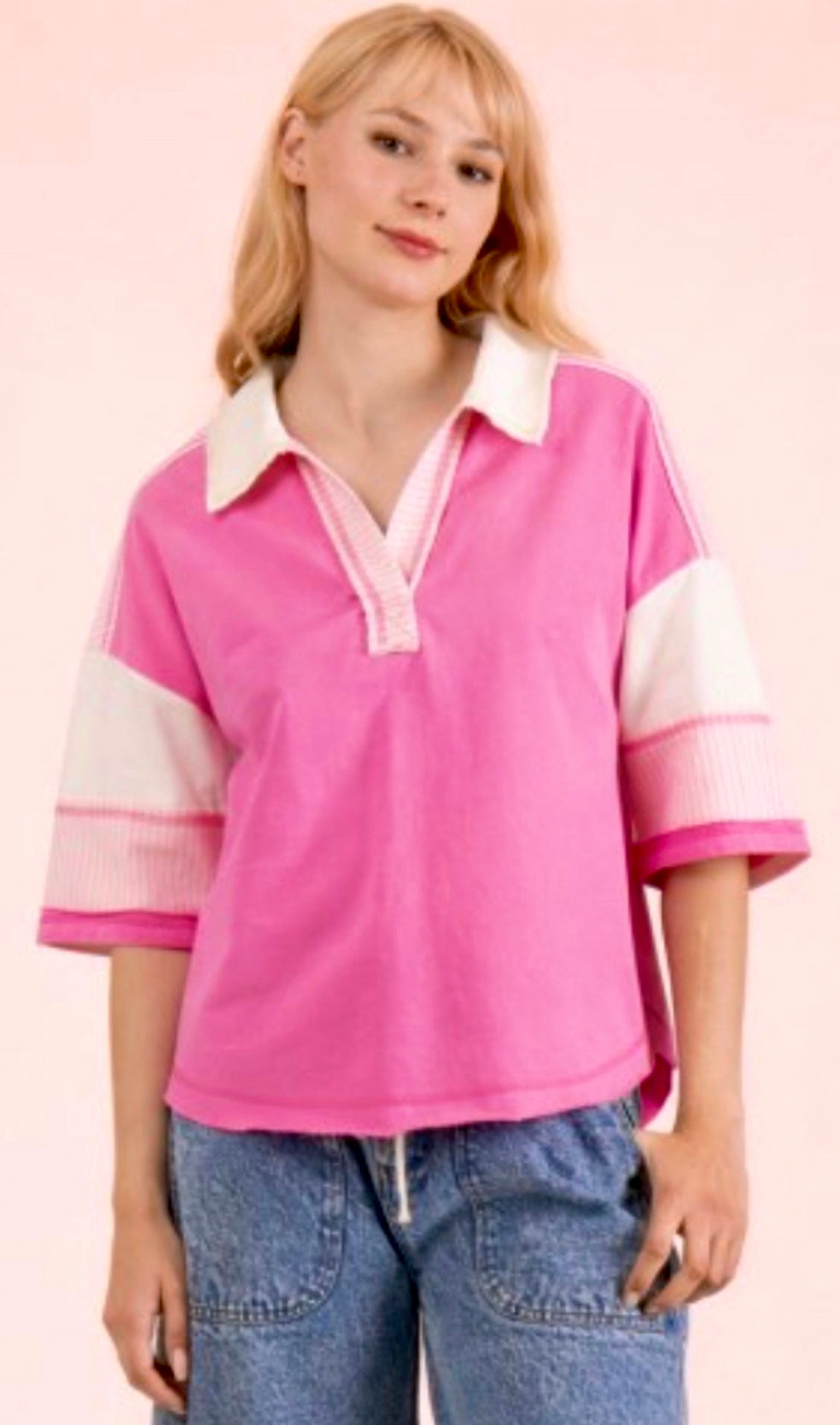 Pink elbow sleeve rugby top