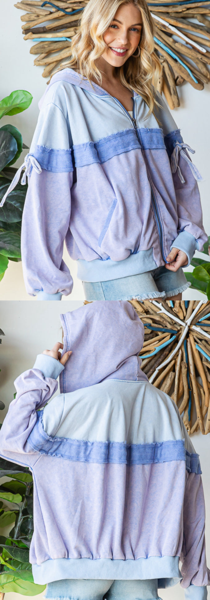 Purple/blue mix zip hoodie with tie detail