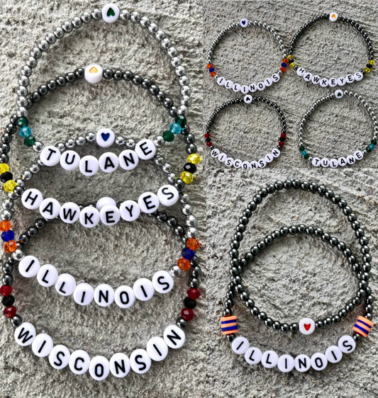 Custom stretch bracelets (order for ANY school or camp and any size)