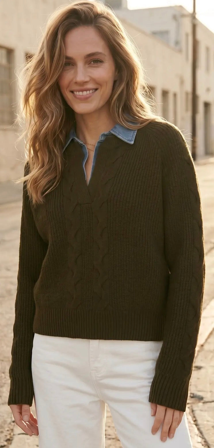 PREORDER NOW, Arriving Friday…Brown cable sweater with denim collar, also available in PLUS SIZE