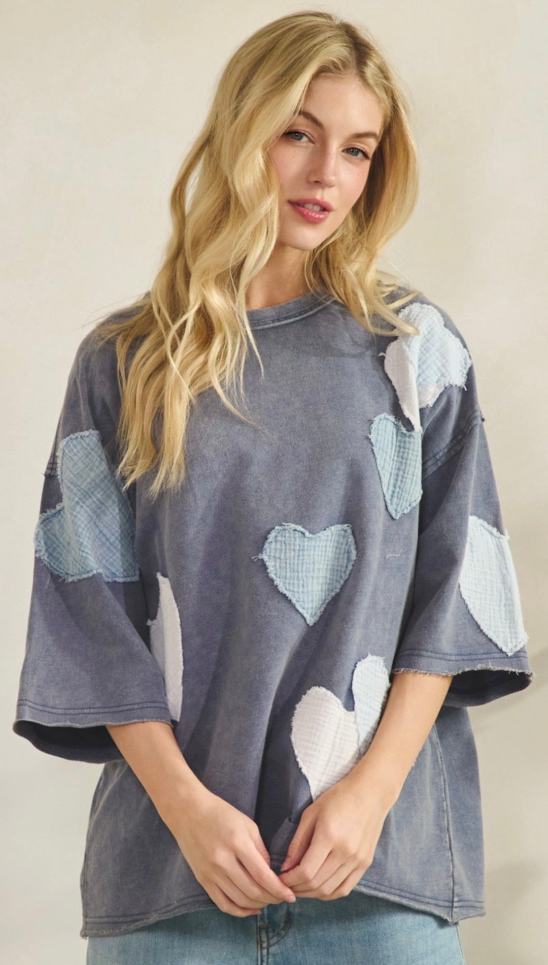 Blue loose fit top with heart patches