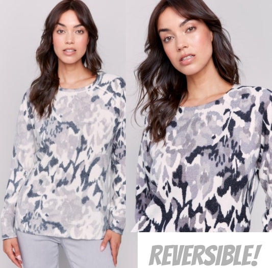 Charlie B reversible sweater in black/grey print