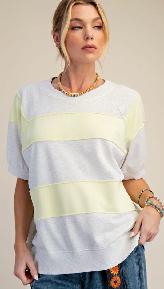 Grey/yellow stripe short sleeve sweatshirt