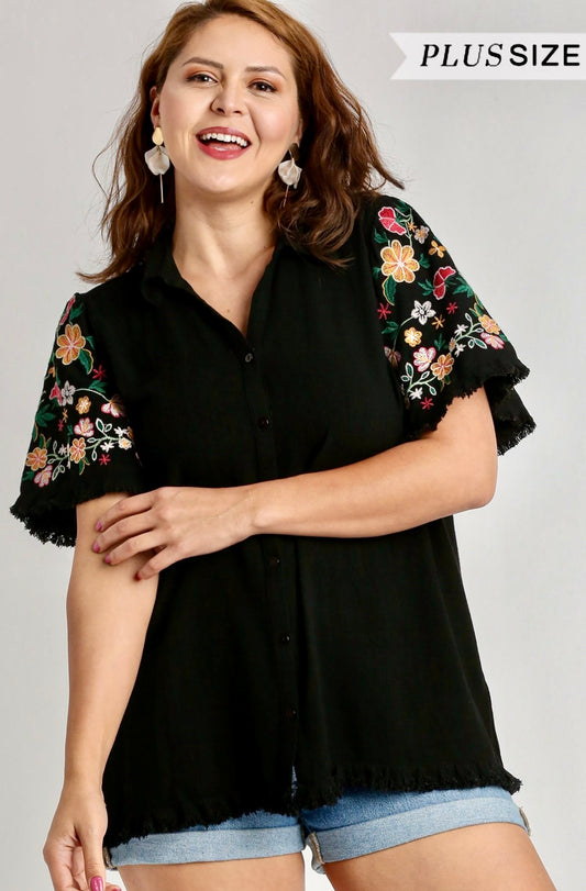 Plus size black blouse with multi floral embroidered sleeves