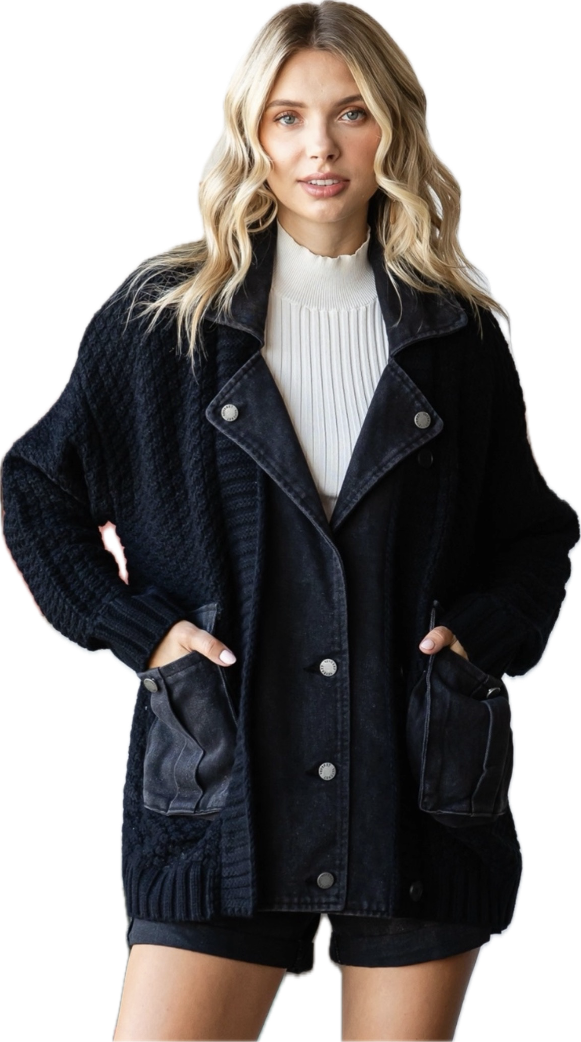 Black sweater knit cardigan with black denim trim and pockets