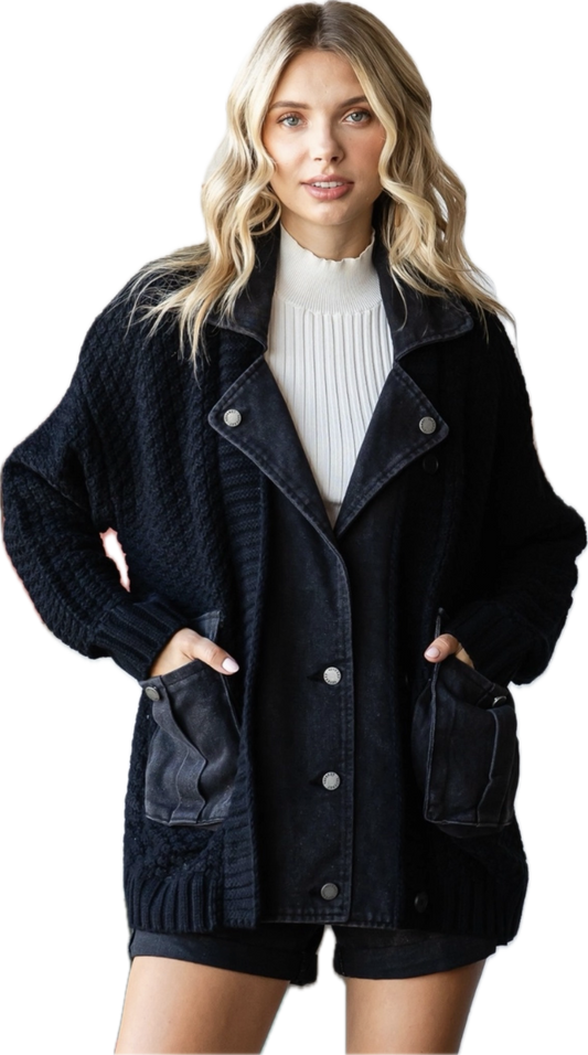 Black sweater knit cardigan with black denim trim and pockets