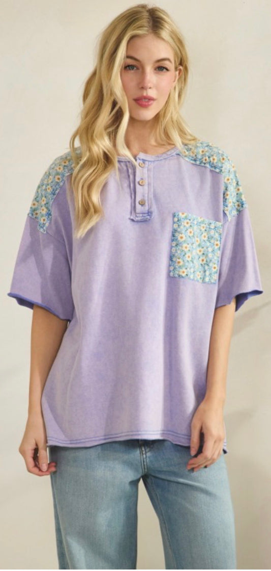 Lilac top with floral pocket and shoulders