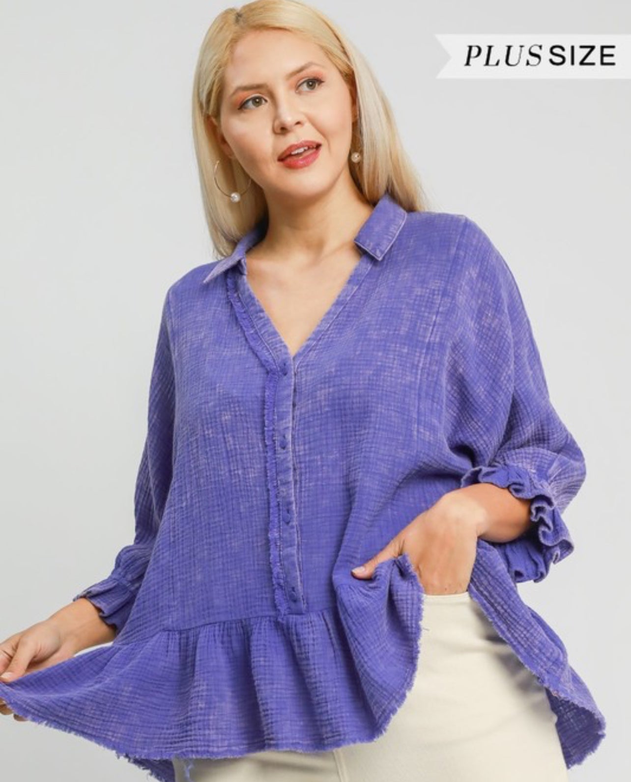 Plus size purple gauze flounce bottom top