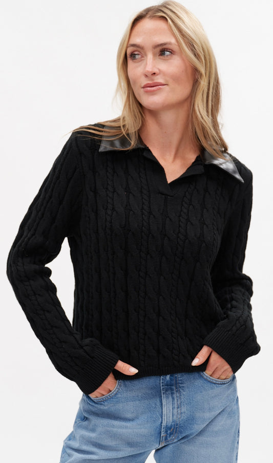 Six Fifty black soft cable sweater with leather collar